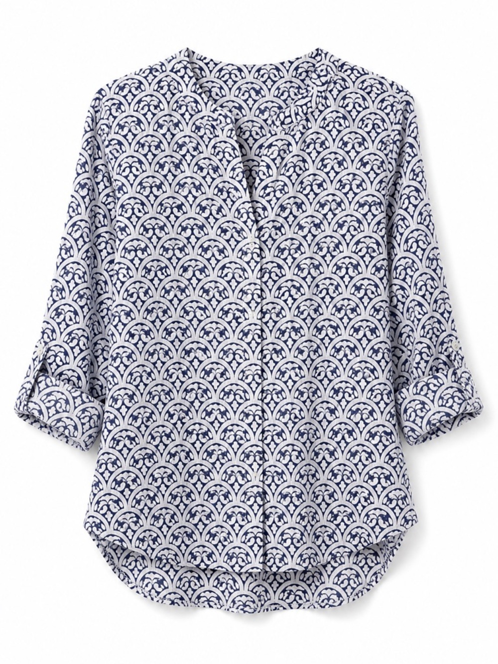 Talbots 100% Linen Navy and White Patterned Roll-Sleeve Blouse (242)